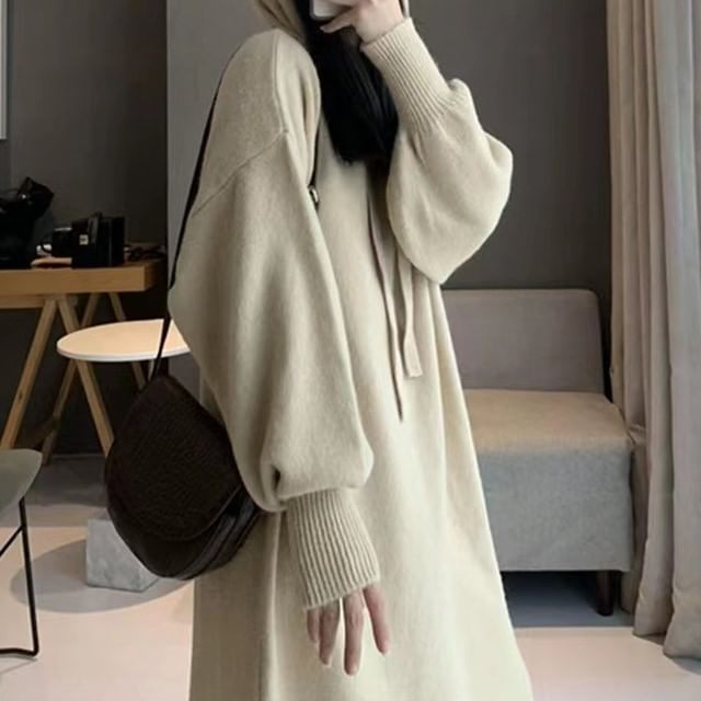Dress Midi Knit Long-Sleeve Plain Hoodie