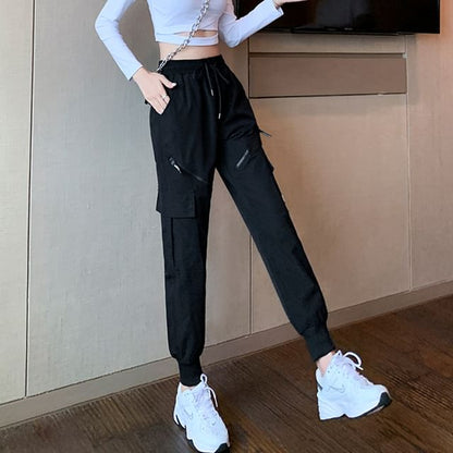 High Waist Drawstring Waist Wide Leg Pocketed Straight Cut Gather Cuff Cargo Sweatpants With Lining