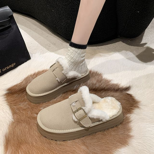 Fleece-Lined Mules Platform Buckled