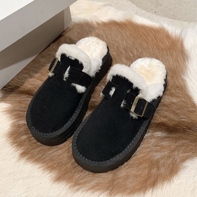 Fleece-Lined Mules Platform Buckled