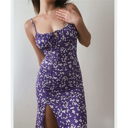 Spaghetti Midi Print Floral Dress Ruched Bodycon Scoop Neck Strap