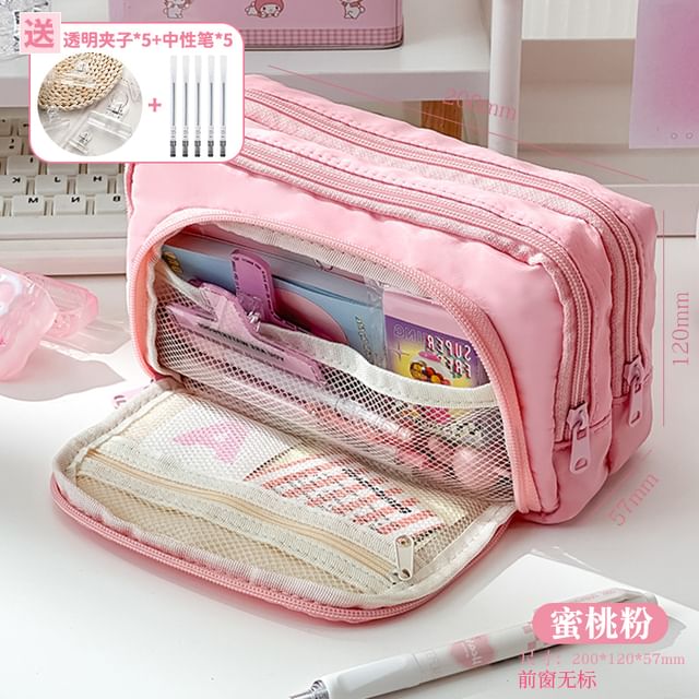 Layered Nylon Pencil Case / Binder Clip / Pen / Highlighter / Ruler / Sticky Note / Set