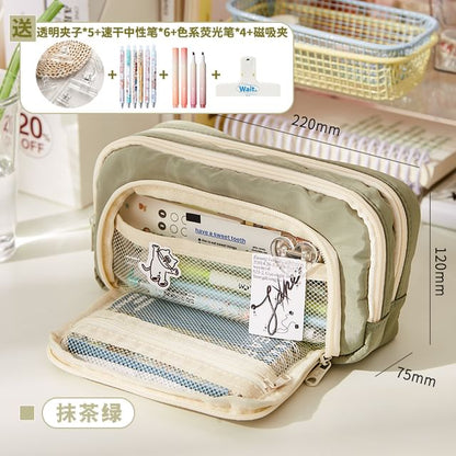 Layered Nylon Pencil Case / Binder Clip / Pen / Highlighter / Ruler / Sticky Note / Set