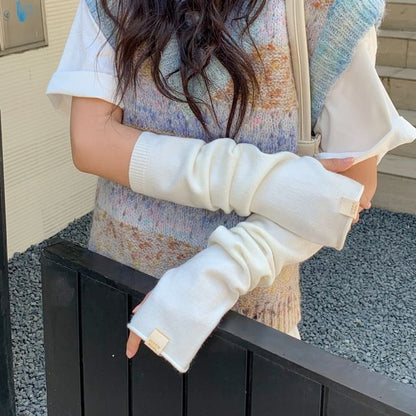 Knit Gloves Long Fingerless Plain