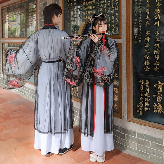 Couple Matching Embroidered Mesh Hanfu Jacket / Top / Long Top / High Waist Maxi A