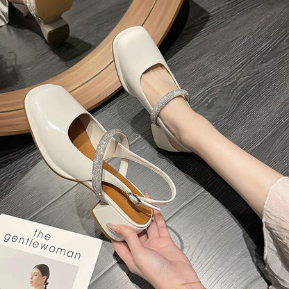 Slingback Pumps Toe Block Square Heel Rhinestone Jane Mary