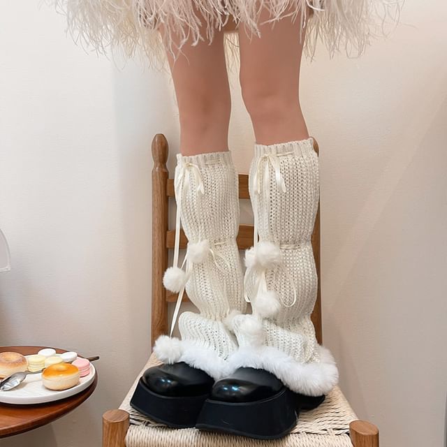 Pom Pom Fluffy Trim Knit Leg Warmers