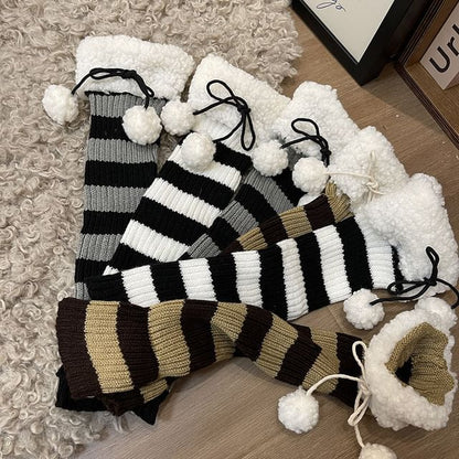 Fleece Trim Striped Knit Leg Warmers