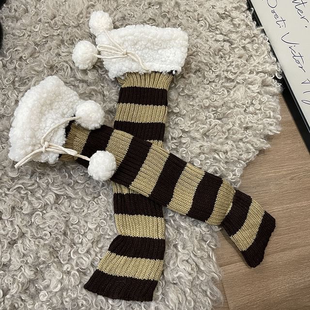 Fleece Trim Striped Knit Leg Warmers