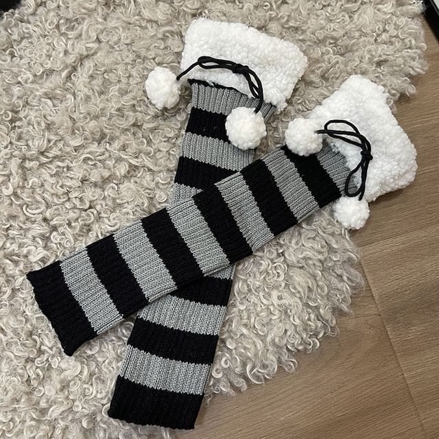 Fleece Trim Striped Knit Leg Warmers