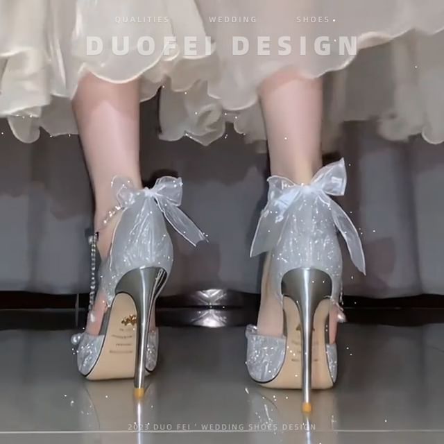 Ankle Strap Stiletto Pearl Glitter Faux Bow Sandals
