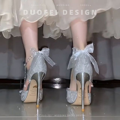 Ankle Strap Stiletto Pearl Glitter Faux Bow Sandals