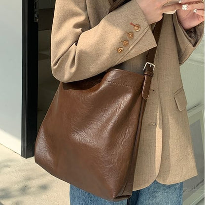 Bag Faux Plain Leather Bucket Crossbody