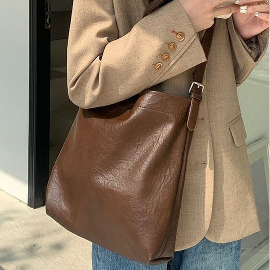 Bag Faux Plain Leather Bucket Crossbody