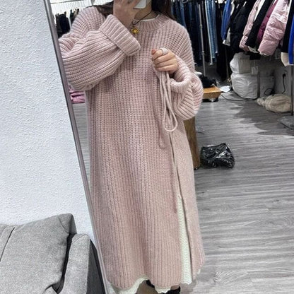 Midi Plain Slit Crew Sweater Dress Neck