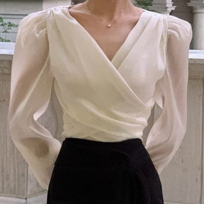 Long-Sleeve V-Neck Plain Tie Back Wrap Blouse