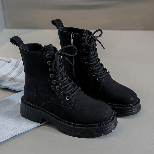 Faux Leather Chunky Plain Heel Short Boots Lace-Up