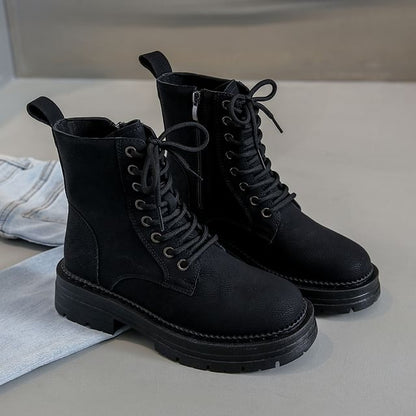 Faux Leather Chunky Plain Heel Short Boots Lace-Up