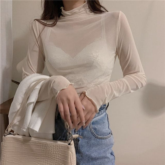 Long-Sleeve Mock Neck Plain Sheer Top