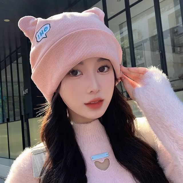 Knit Beanie Embroidered Cat Lettering Ear