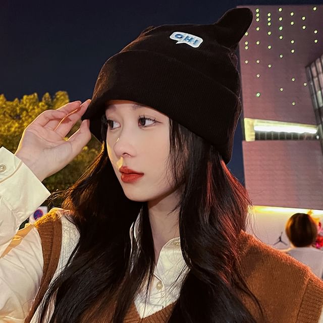 Knit Beanie Embroidered Cat Lettering Ear