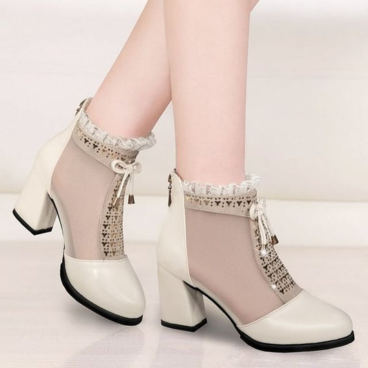 Heel Boots Mesh Trim Pointed Ankle Panel Lace Chunky
