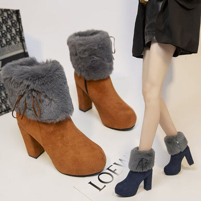 Heel Ankle Platform Trim Chunky Fluffy Boots