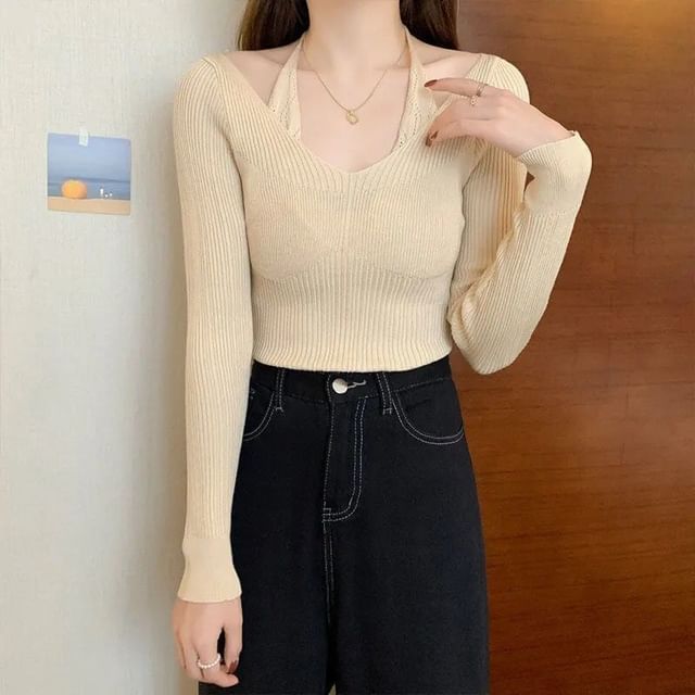 Neck Long-Sleeve Fit Slim Ribbed Halter Knit Top Mock Two-Piece Plain
