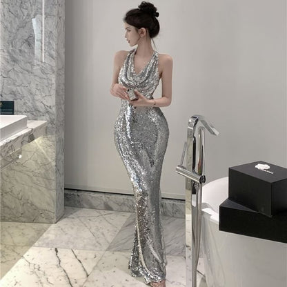 Halter Neck  Plain Sequin Mermaid  Evening Gown