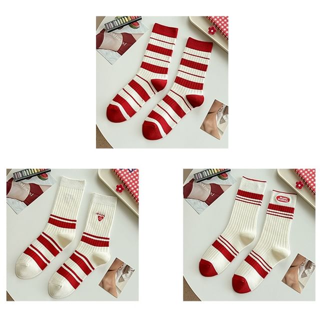 Striped Socks / Letter Embroidered Socks / Set