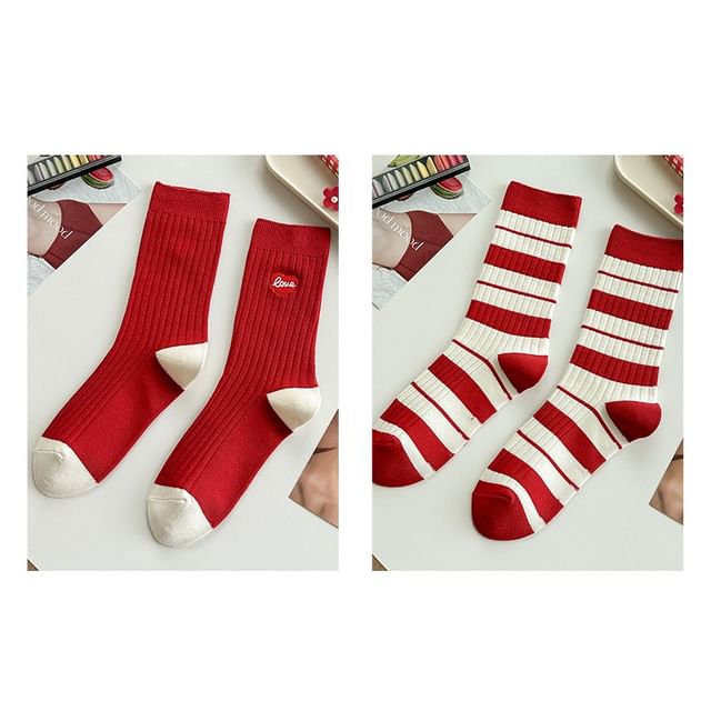 Striped Socks / Letter Embroidered Socks / Set