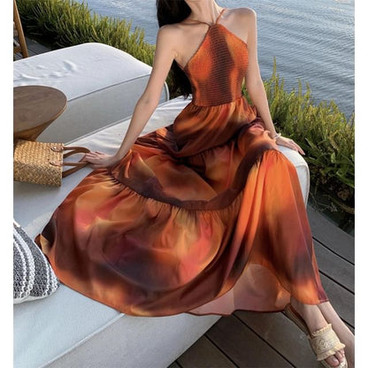 Maxi Smocked Tie A-Line Open Halter Back Dye Neck Dress