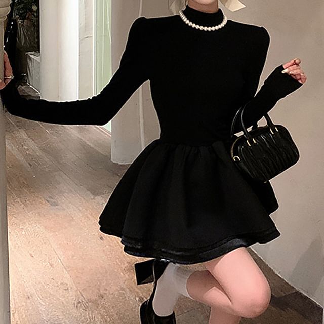 Mini Mock A-Line Plain Layered Long-Sleeve Neck Knit Dress
