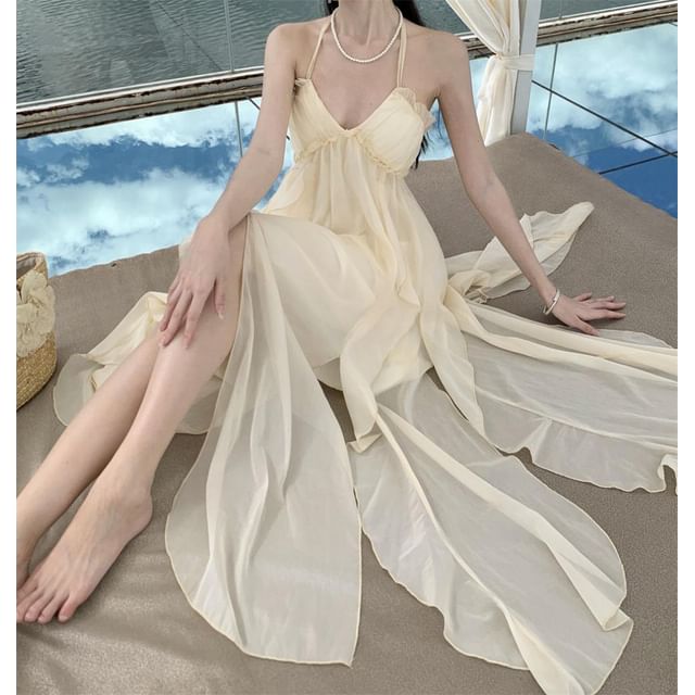 Open Asymmetrical Back Neck Dress Ruffle Frill Maxi A-Line Trim Plain Halter