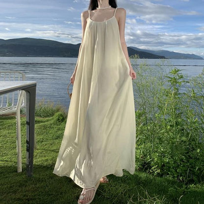 Maxi Back Neck Plain A-Line Strap Scoop Dress Open Spaghetti