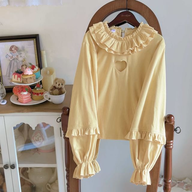 Puff-Sleeve High Neck Plain Ruffled Blouse