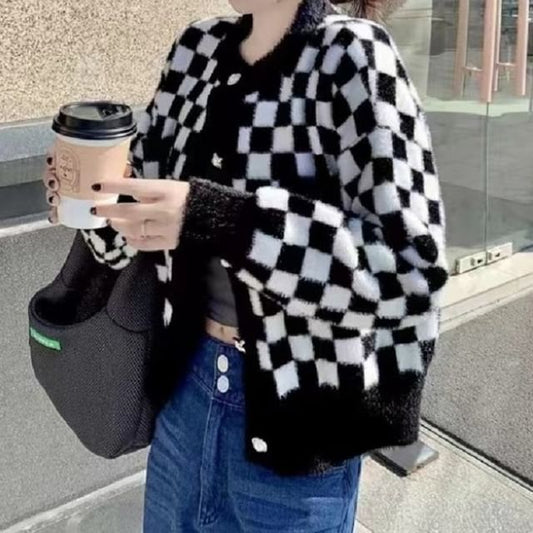 Checkerboard Cardigan Crew Neck