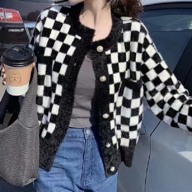 Checkerboard Cardigan Crew Neck