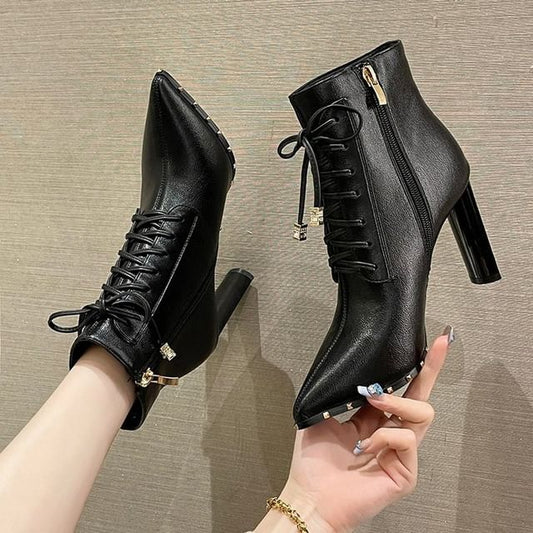Pointed Heel High Boots Ankle Lace-Up