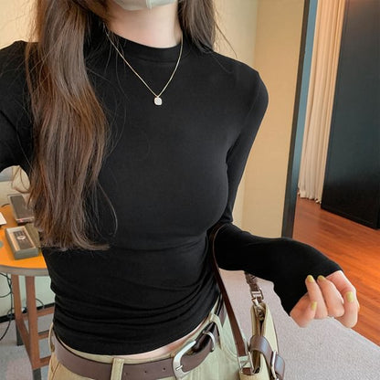 Long-Sleeve High Neck Plain Tee