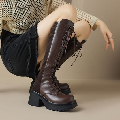 Platform Lace Up Panel Faux Suede Knee High Boots