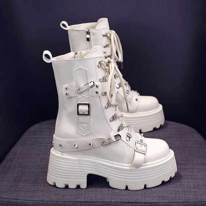 Boots Platform Buckled Short Heel Chunky Leather Faux Lace-Up