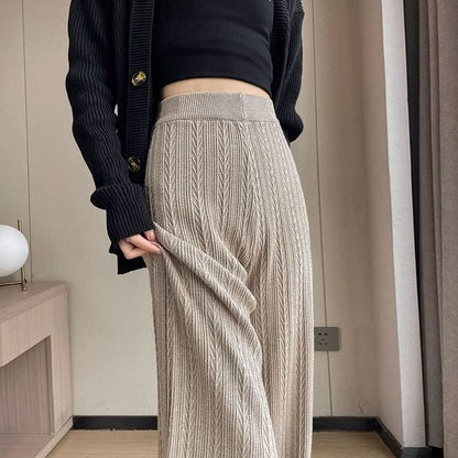 High Rise Plain Knit Wide Leg Pants