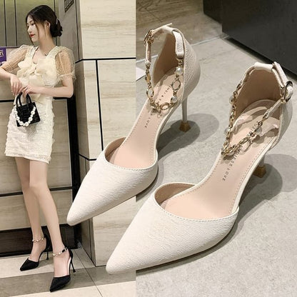 Pointed Pearl Pumps Strap Toe Faux D'Orsay Ankle