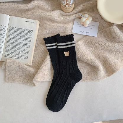 Bear Embroidered Striped Socks