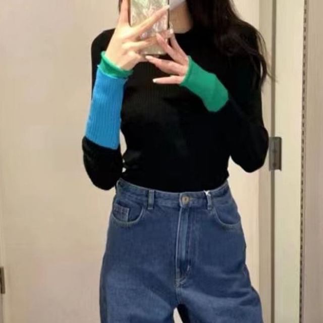 Knit Top Tone Two Crew Neck Long-Sleeve