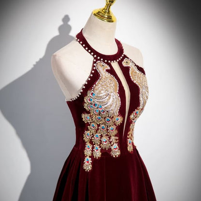 Robe de soirée trapèze en velours à col licou