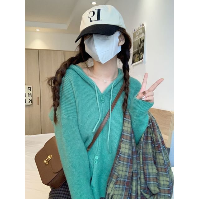 Button-Up Cardigan Hooded Plain