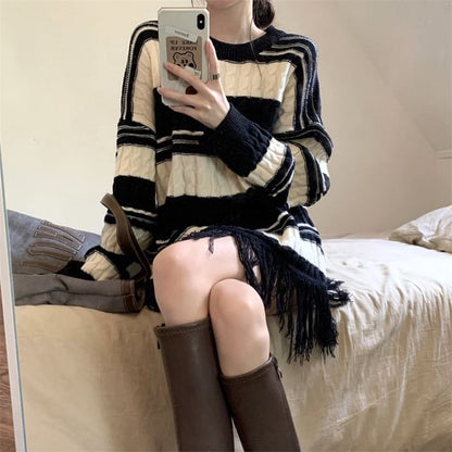 Frayed Striped Loose-Fit Sweater