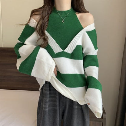 Two-Piece Sweater Striped Mock Long-Sleeve